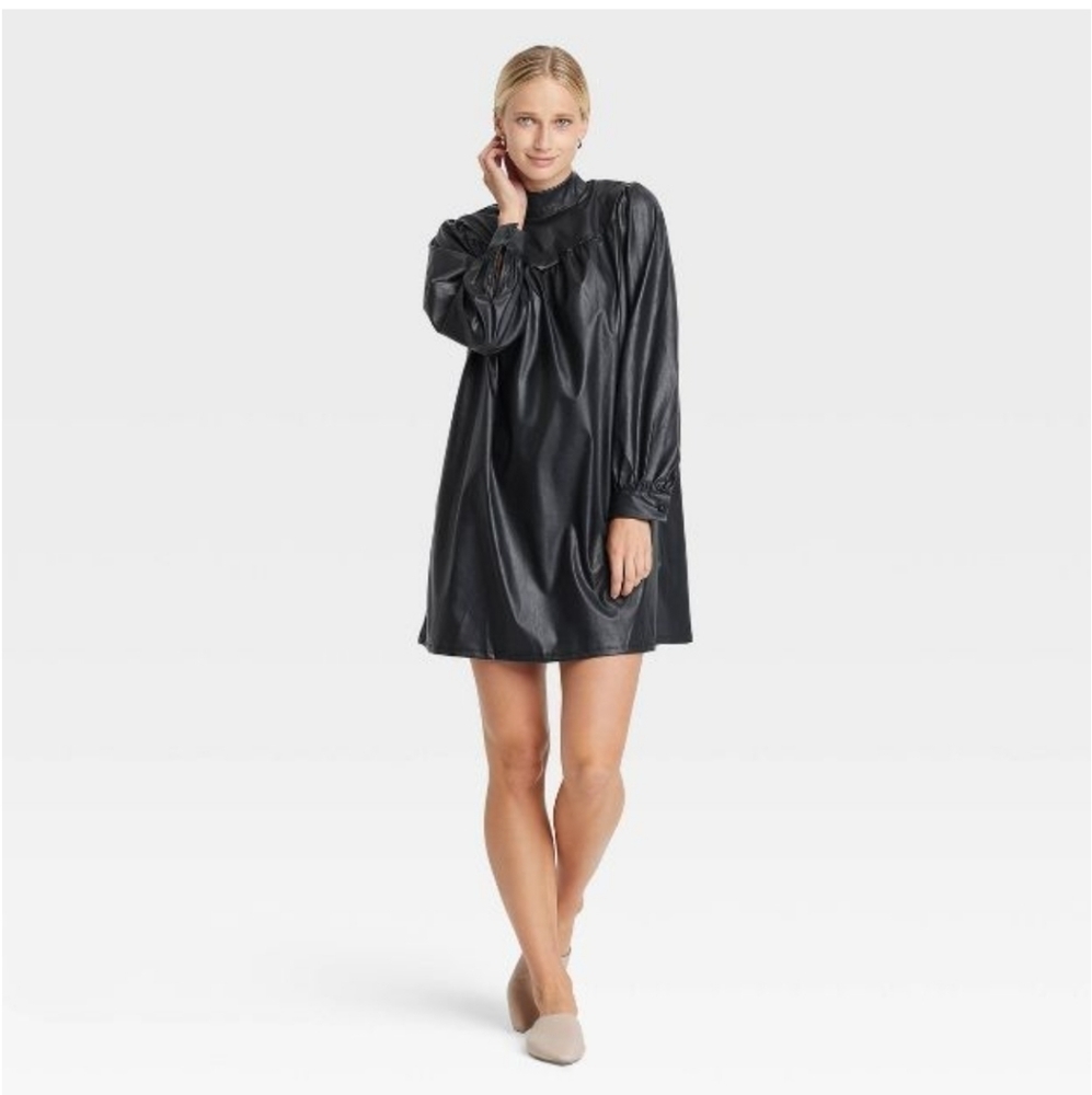 Who What Wear Long Sleeve Faux Leather A Line Dress - Black